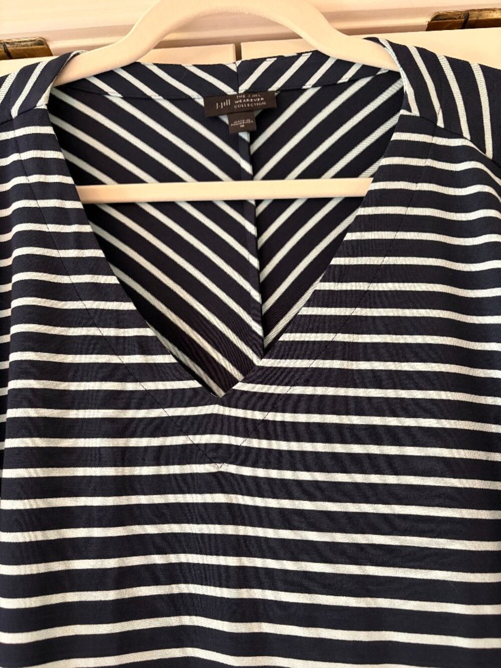 NWOT J. Jill Wearever Ballet Sleeve Striped Navy &  Light Blue Top Sz M